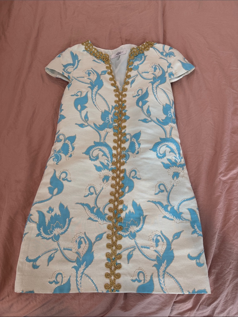Tibi white dress with Blue Floral Embroidery and Gold Trim